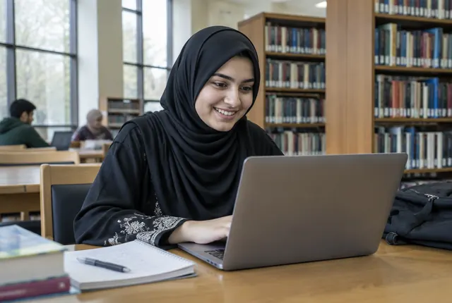 A Pakistani college student learning on a laptop in the library