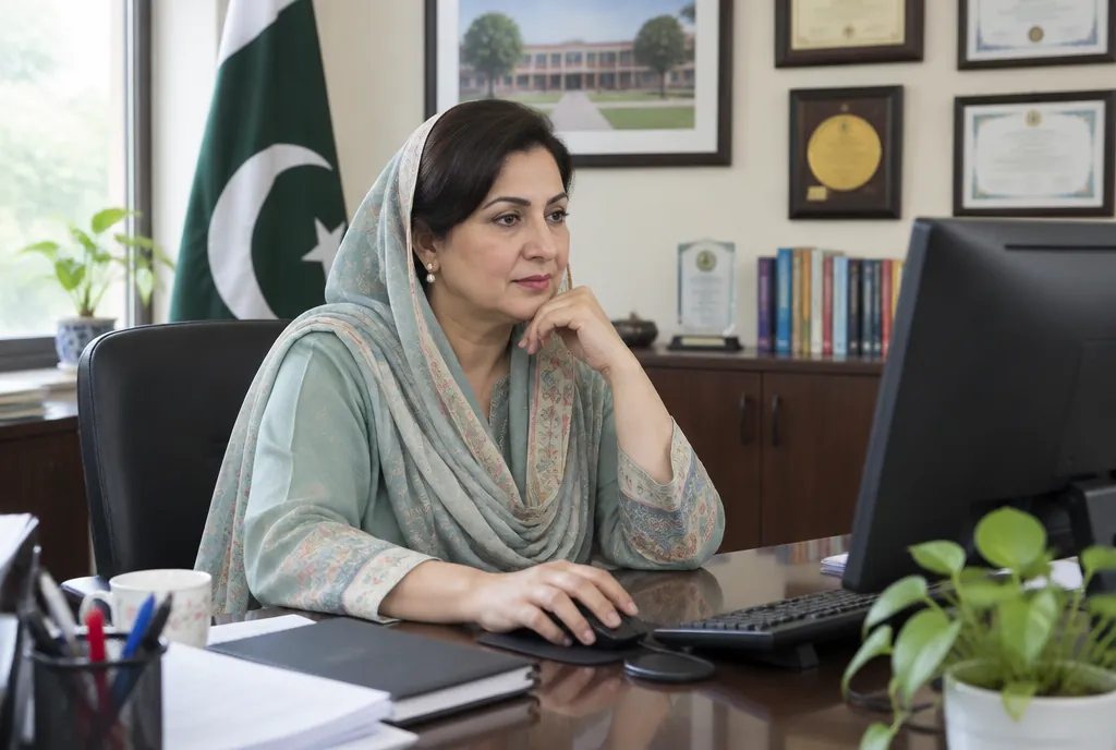A Pakistani school principal reviewing a dashboard in her office