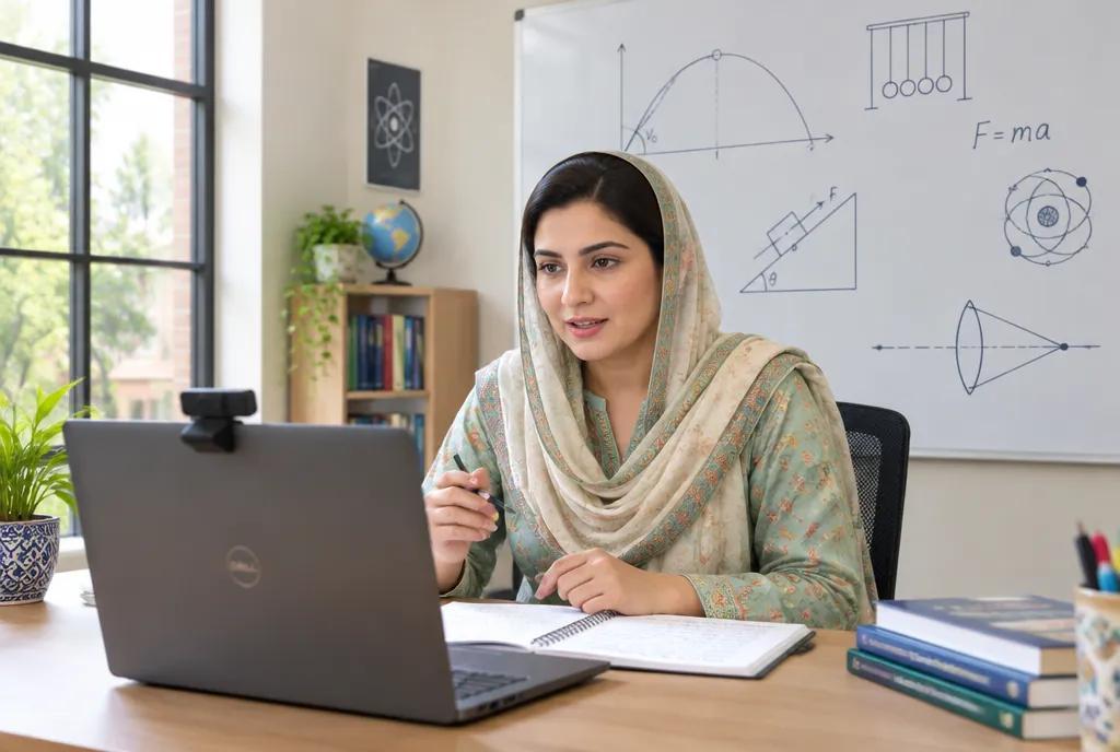 A Pakistani teacher recording a physics lesson on her laptop in a classroom